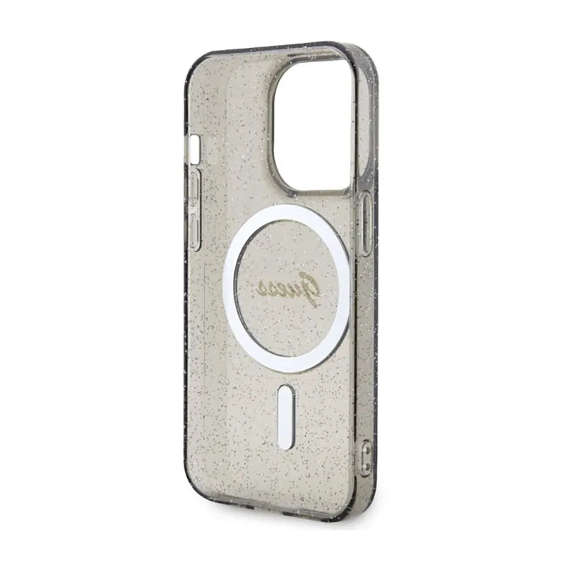 Guess Glitter Gold MagSafe - Dėklas iPhone 14 Pro (Juodas)