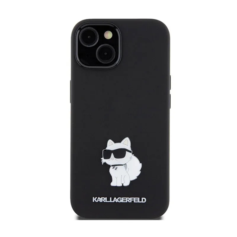 Karl Lagerfeld Silicone Choupette Metal Pin dėklas, skirtas iPhone 15 Plus (juodas)