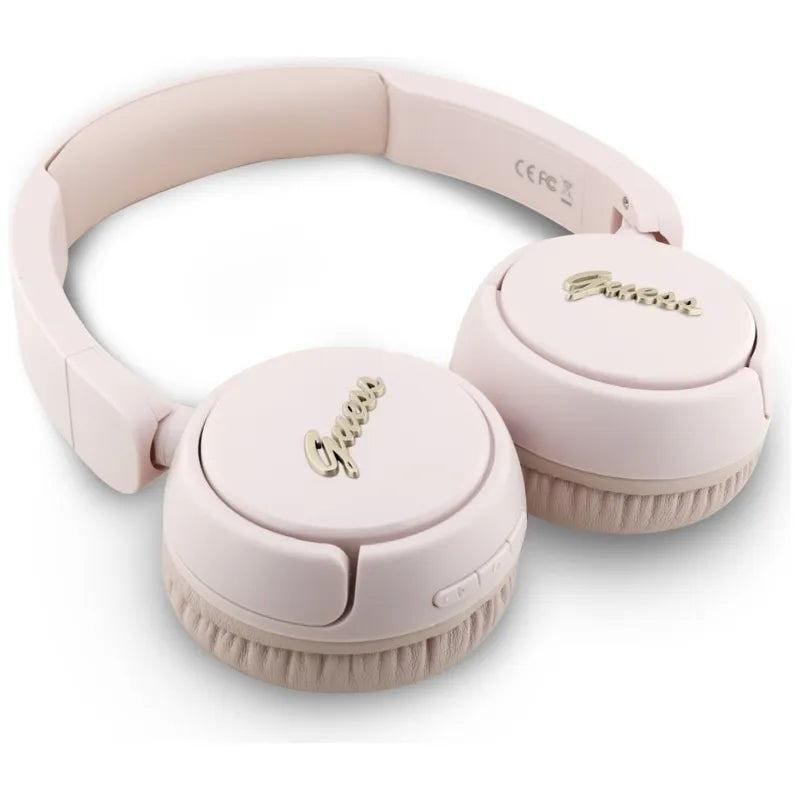Guess Metal Logo Script – Belaidės ant ausų dedamos Bluetooth V5.3 ausinės (rožinės)