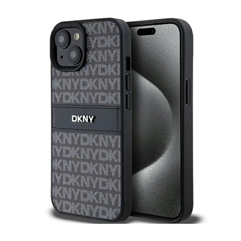 DKNY Leather Mono Stripe & Metal Logo – Dėklas iPhone 15 Plus / 14 Plus (juodas)