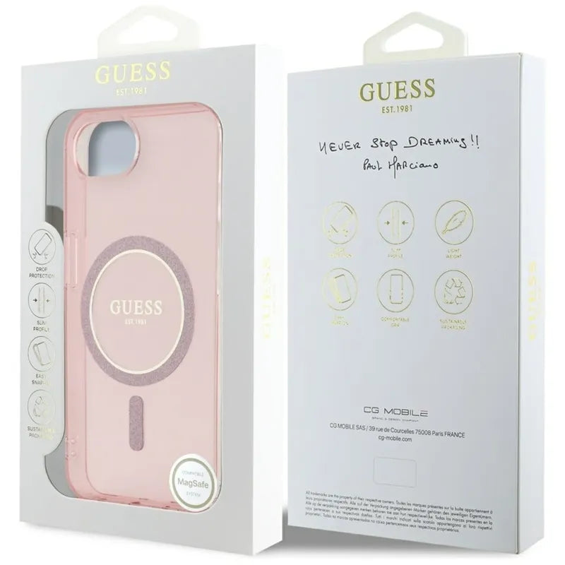 Guess IML Glitter Circle MagSafe – dėklas iPhone 16e (rožinis)