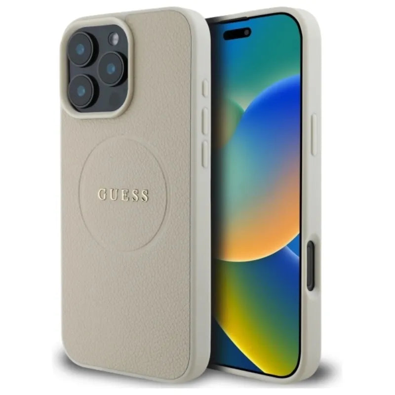 Guess Grained Ring MagSafe – Dėklas iPhone 16 Pro Max (smėlio spalvos)