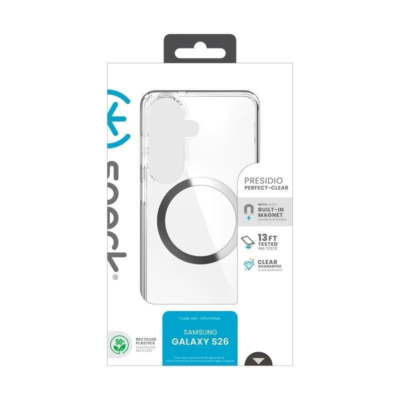 Speck Presidio Perfect-Clear Magnet – Samsung Galaxy S26 MagSafe dėklas (skaidrus/sidabrinis)