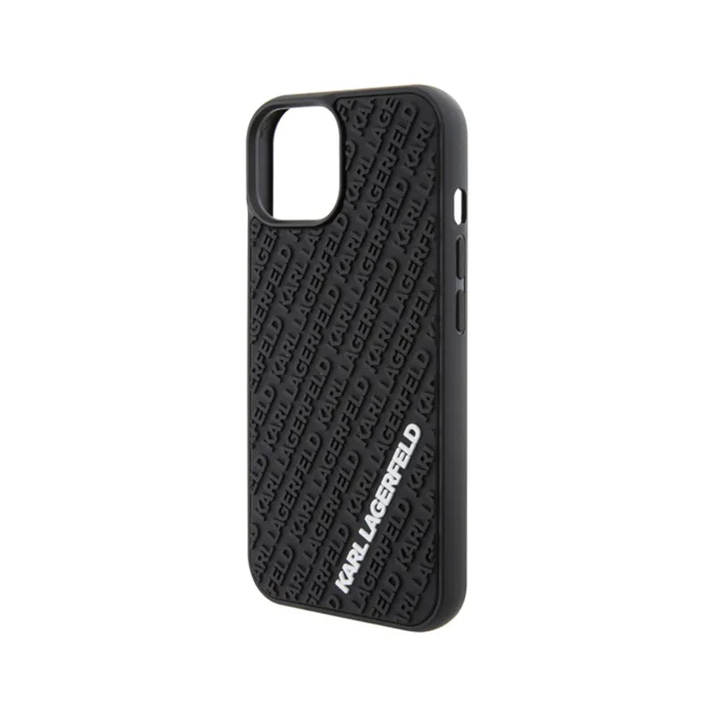 Karl Lagerfeld 3D Rubber Multi Logo dėklas, skirtas iPhone 15 (juodas)