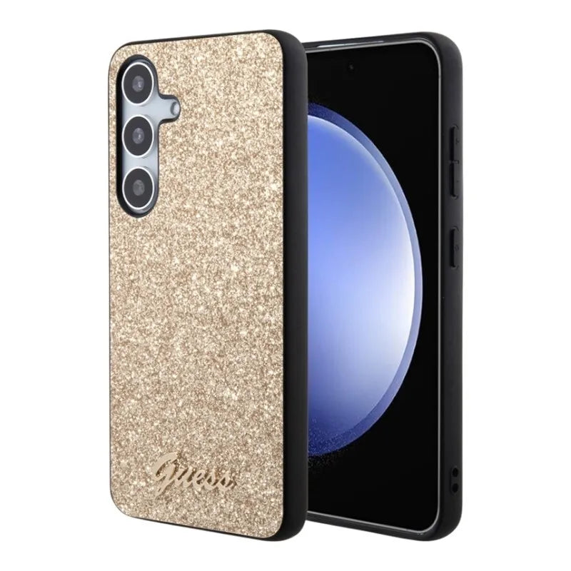 Guess Glitter Flakes Metal Logo dėklas – dėklas Samsung Galaxy S24 (auksinis)