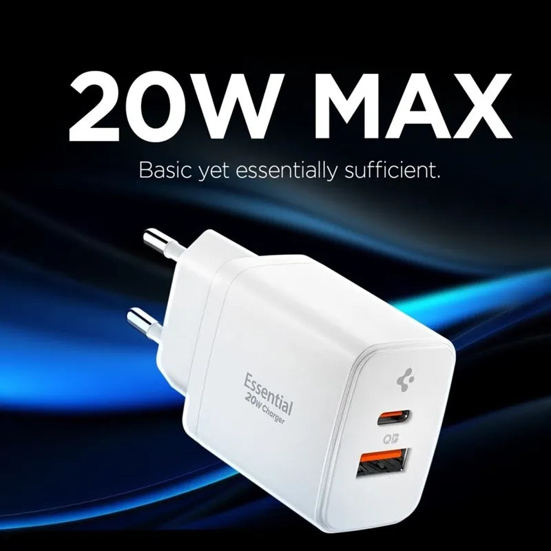 Spigen Essential EE202EU GaN Pro – USB-C + USB-A 20W sieninis įkroviklis (baltas)