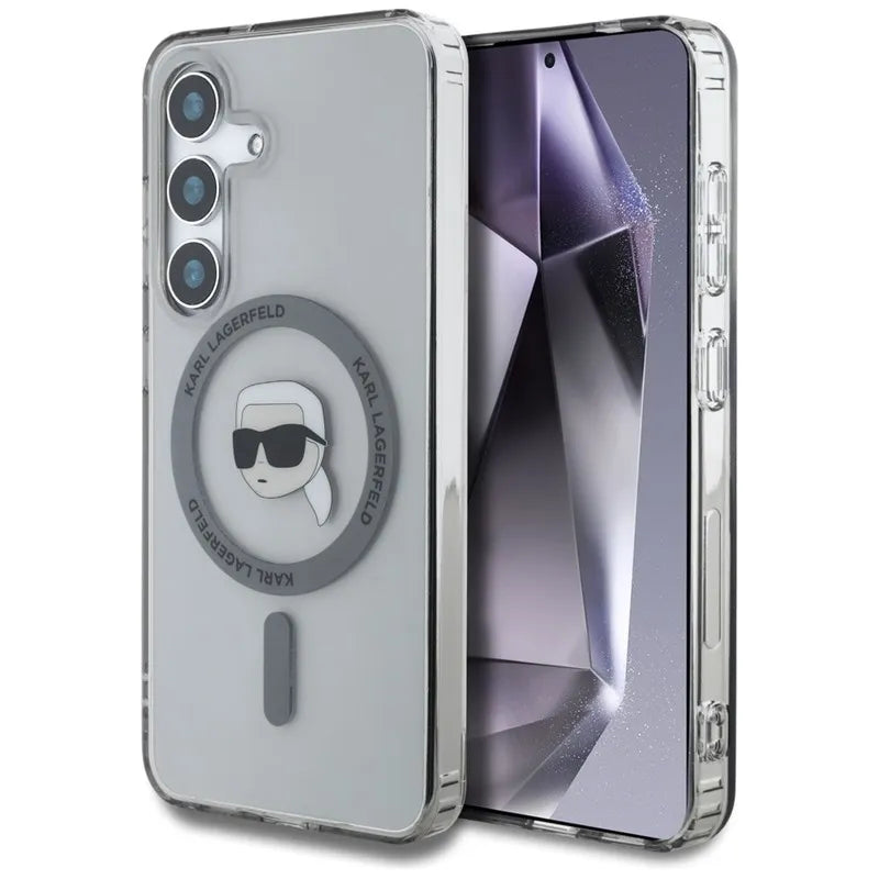 Karl Lagerfeld Button Karl Head Printed Logo MagSafe – dėklas Samsung Galaxy S25 (juodas)