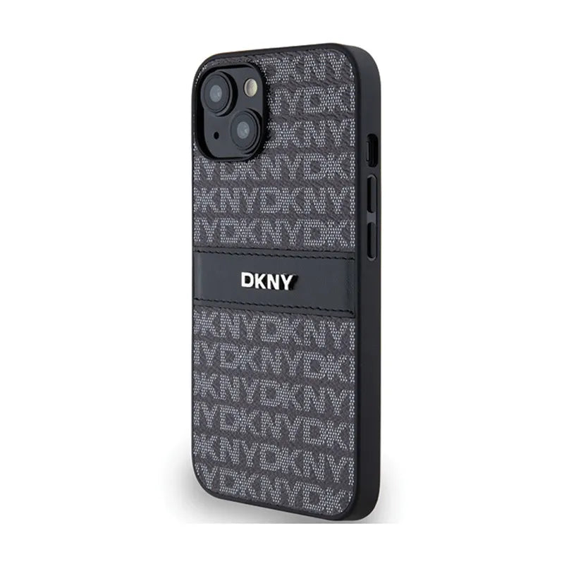 DKNY Leather Mono Stripe & Metal Logo – Dėklas iPhone 15 Plus / 14 Plus (juodas)