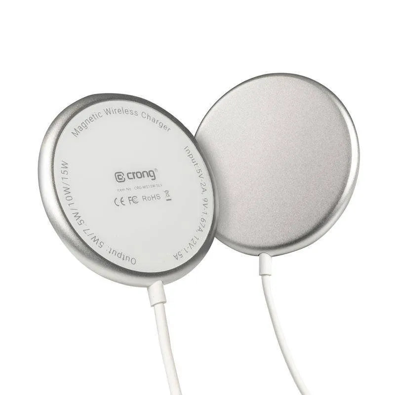 „Crong MagSpot“ belaidis įkroviklis – aliumininis „MagSafe“ 15 W indukcinis įkroviklis (sidabrinė-balta)