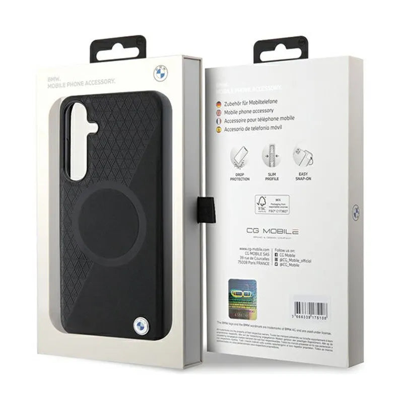 BMW Leather Half Textured & Circle MagSafe – dėklas Samsung Galaxy S24 telefonui (juodas)