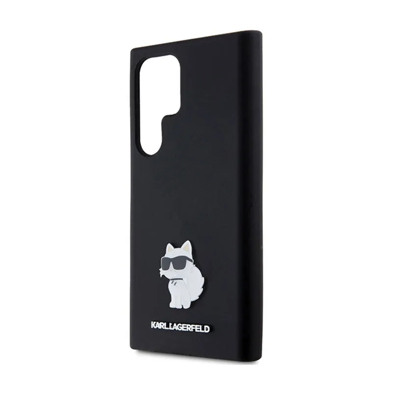 Karl Lagerfeld Silicone Choupette Metal Pin – dėklas Samsung Galaxy S24 Ultra (juodas)