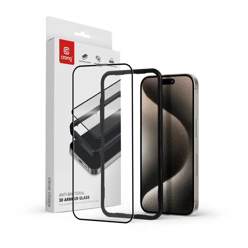 Crong antibakterinis 3D Armor Glass – 9H grūdintas stiklas visam Apple iPhone 15 Pro ekranui + montavimo rėmelis