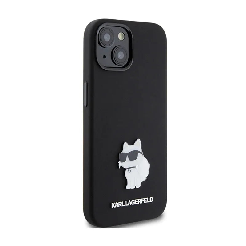 Karl Lagerfeld Silicone Choupette Metal Pin dėklas, skirtas iPhone 15 Plus (juodas)