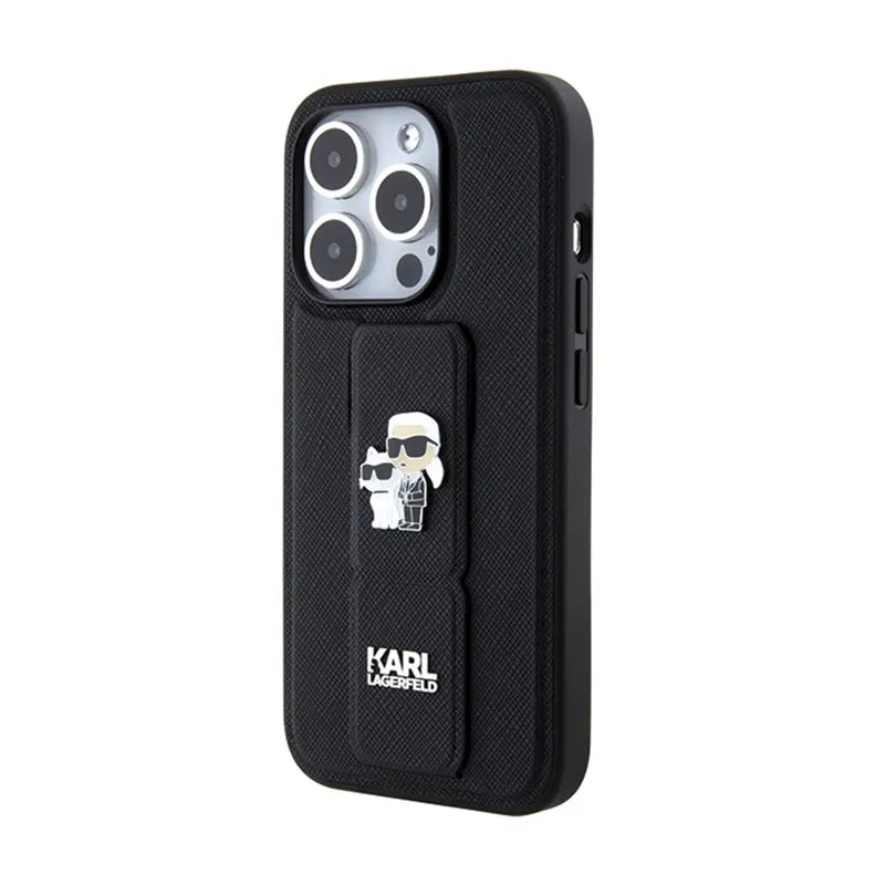 Karl Lagerfeld Gripstand Saffiano Karl & Choupette Pins – dėklas, skirtas iPhone 13 Pro (juodas)