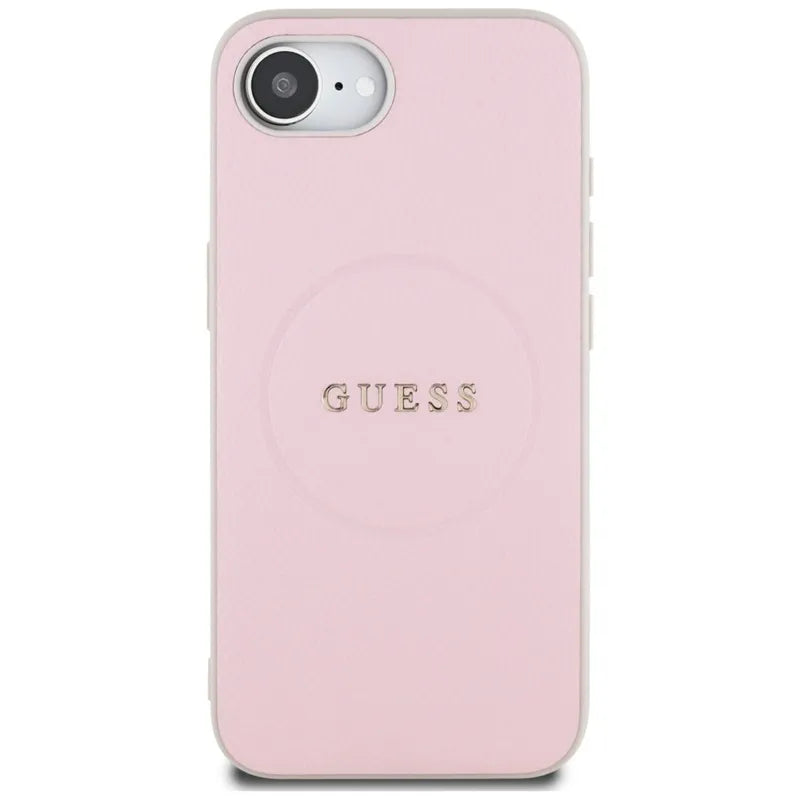 Guess Grained Ring MagSafe – dėklas iPhone 16e telefonui (rožinis)