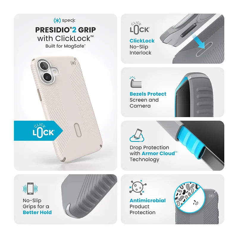 Speck Presidio2 Grip ClickLock & MagSafe - iPhone 16 Plus dėklas (Bleached Bone / Heirloom Gold / Hazel Brown)