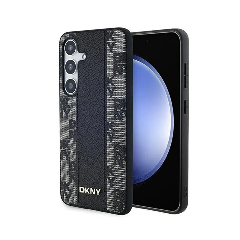 DKNY Leather Checkered Mono Pattern MagSafe - dėklas Samsung Galaxy S24+ telefonui (juodas)