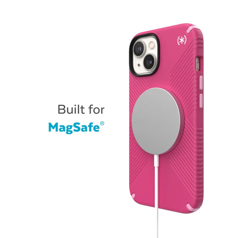 Speck Presidio2 Grip MagSafe – neslystantis iPhone 14 Plus dėklas (Digitalpink / Blossompink / White)