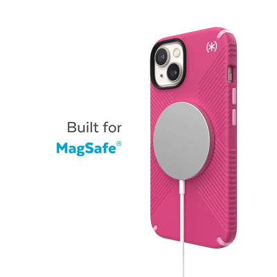 Speck Presidio2 Grip MagSafe – neslystantis iPhone 14 Plus dėklas (Digitalpink / Blossompink / White)