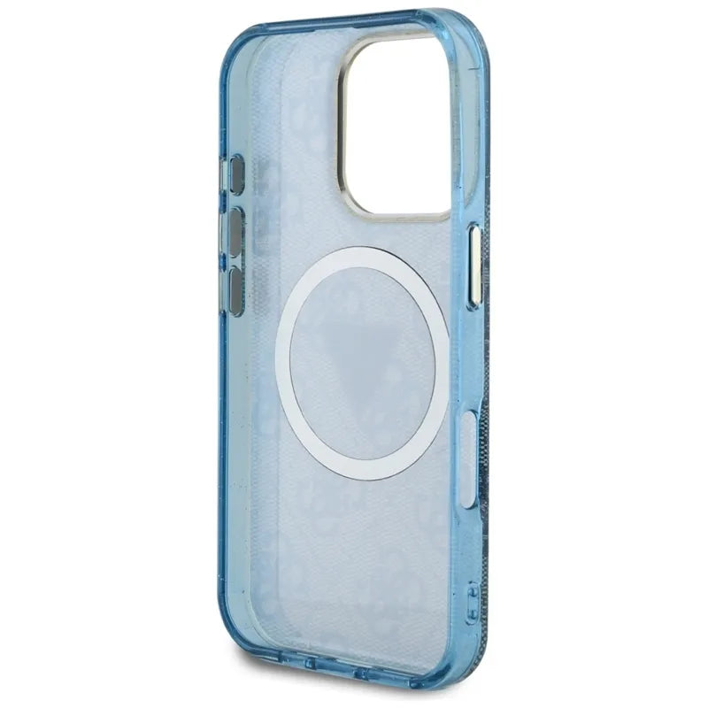 Guess IML Metal Glitter 4G Circle Triangle MagSafe – Dėklas iPhone 16 Pro (mėlynas)