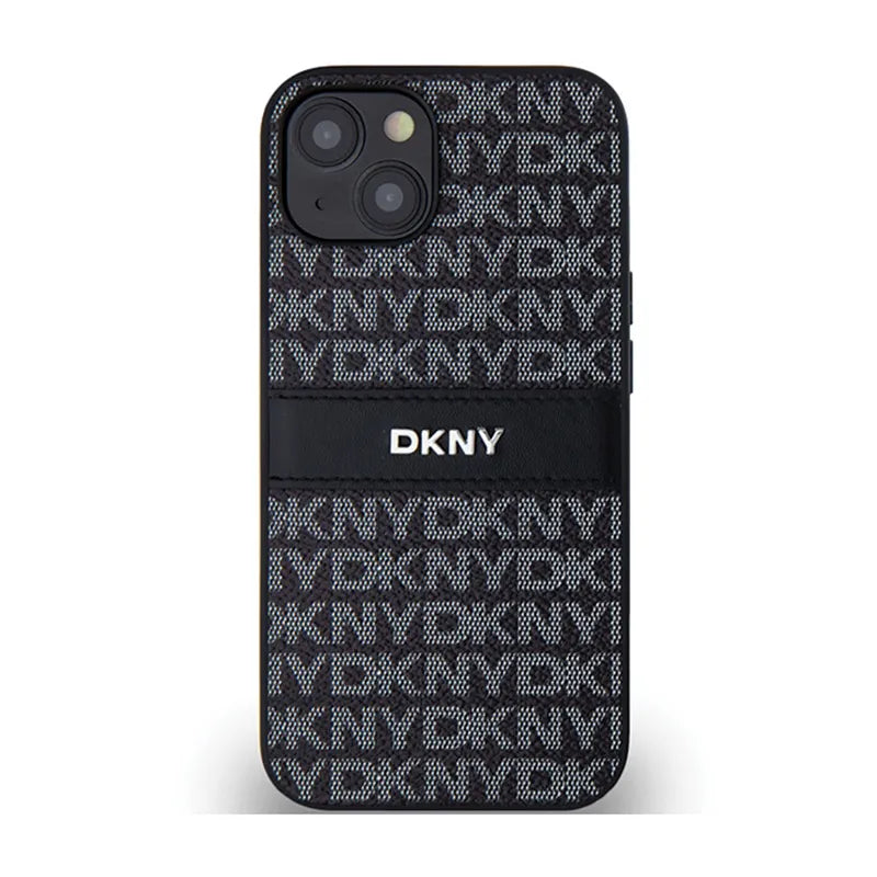 DKNY Leather Mono Stripe & Metal Logo – Dėklas iPhone 15 Plus / 14 Plus (juodas)