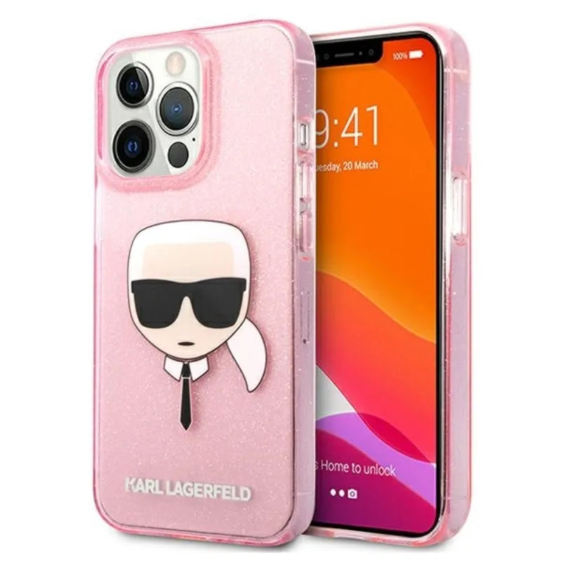 Karl Lagerfeld Karl’s Head Glitter – dėklas iPhone 13 Pro Max telefonui (rožinis)