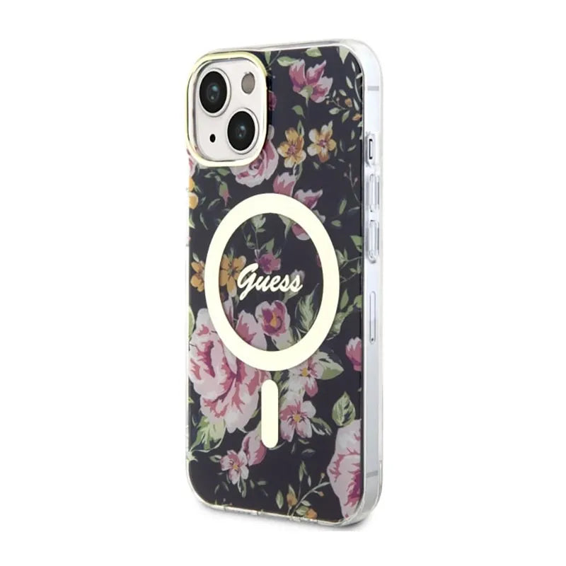 Guess Flower MagSafe – dėklas, skirtas iPhone 14 (juodas)