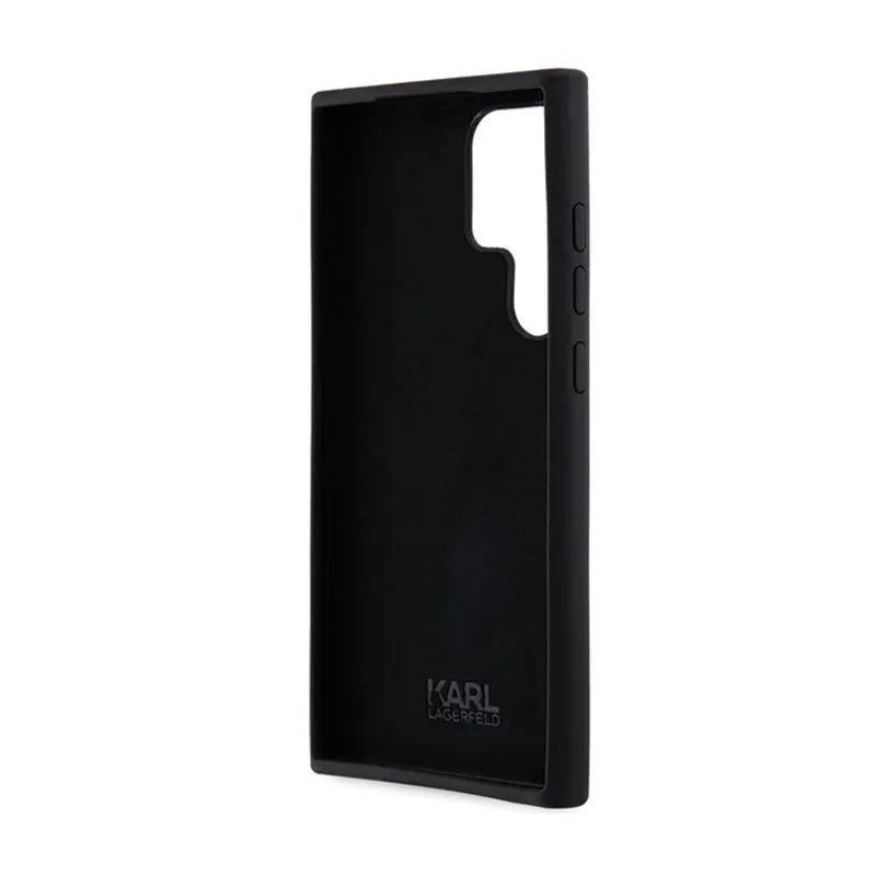Karl Lagerfeld Silicone Choupette Metal Pin – dėklas Samsung Galaxy S24 Ultra (juodas)