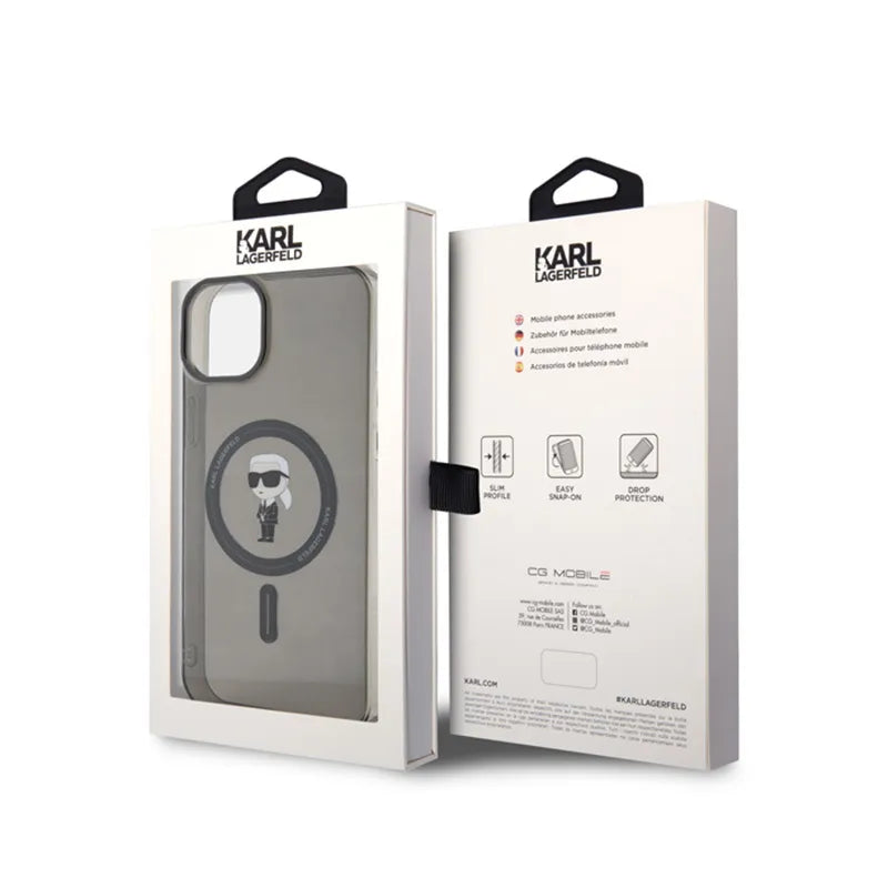 Karl Lagerfeld IML Ikonik MagSafe dėklas, skirtas iPhone 15 Plus (juodas)