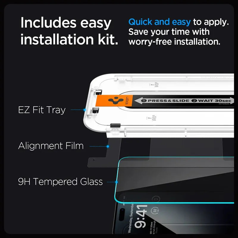 Spigen GLAS.TR EZ FIT Privacy – grūdintas stiklas su privatumo filtru, skirtas iPhone 15 Plus / 16 Plus