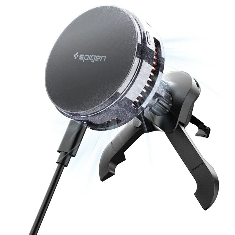 Spigen Essential EV25MFAQ – magnetinis automobilinis laikiklis į ventiliacijos groteles su 25 W belaidžiu MagSafe Qi2.2 įkrovimu (juodas)