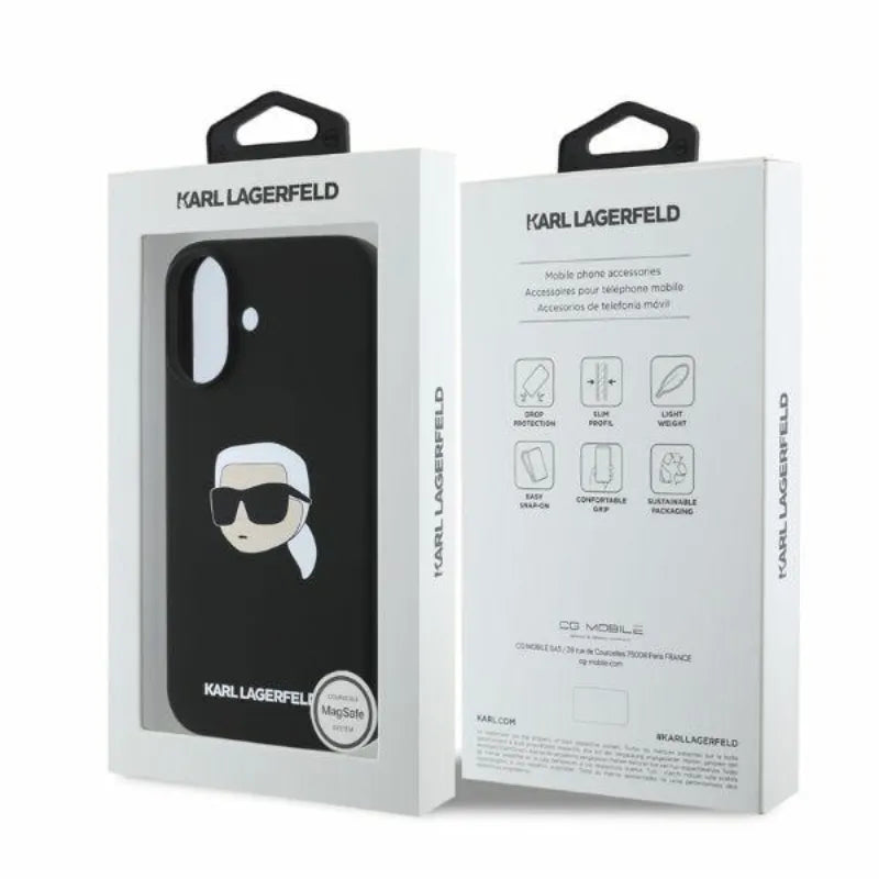 Karl Lagerfeld Silicone Karl Head Print MagSafe – dėklas iPhone 16 (juodas)
