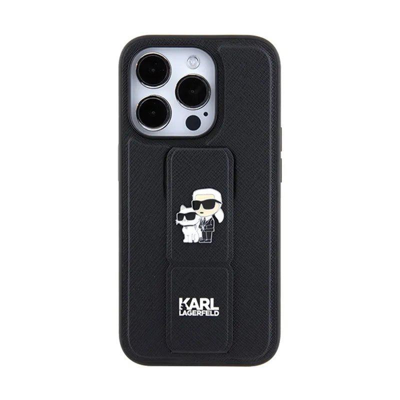 Karl Lagerfeld Gripstand Saffiano Karl & Choupette Pins – dėklas, skirtas iPhone 13 Pro (juodas)
