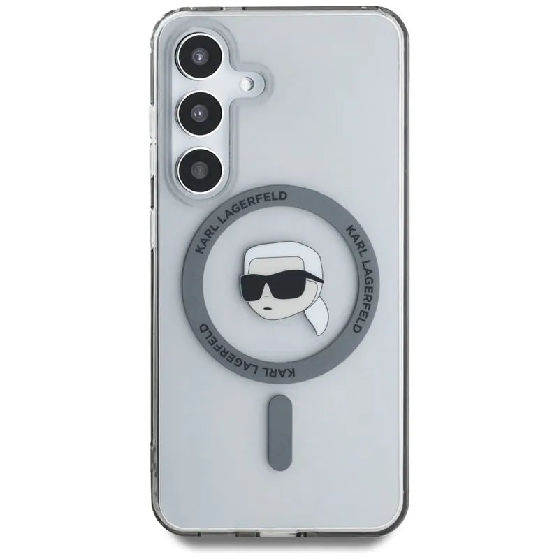 Karl Lagerfeld Button Karl Head Printed Logo MagSafe – dėklas Samsung Galaxy S25 (juodas)