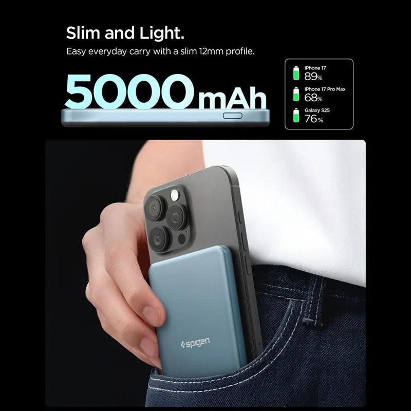 Spigen EA2205MQ Essential – Išorinis akumuliatorius MagSafe 5000 mAh 22,5W Qi2 (Melsvai žalia)