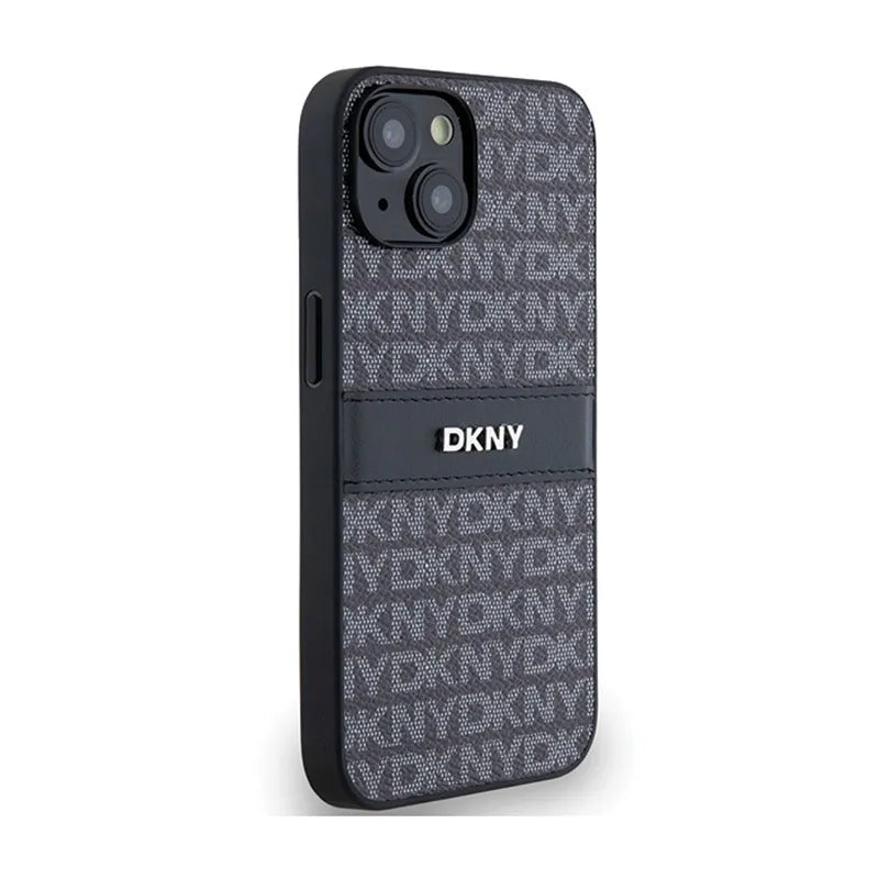 DKNY Leather Mono Stripe & Metal Logo – Dėklas iPhone 15 Plus / 14 Plus (juodas)