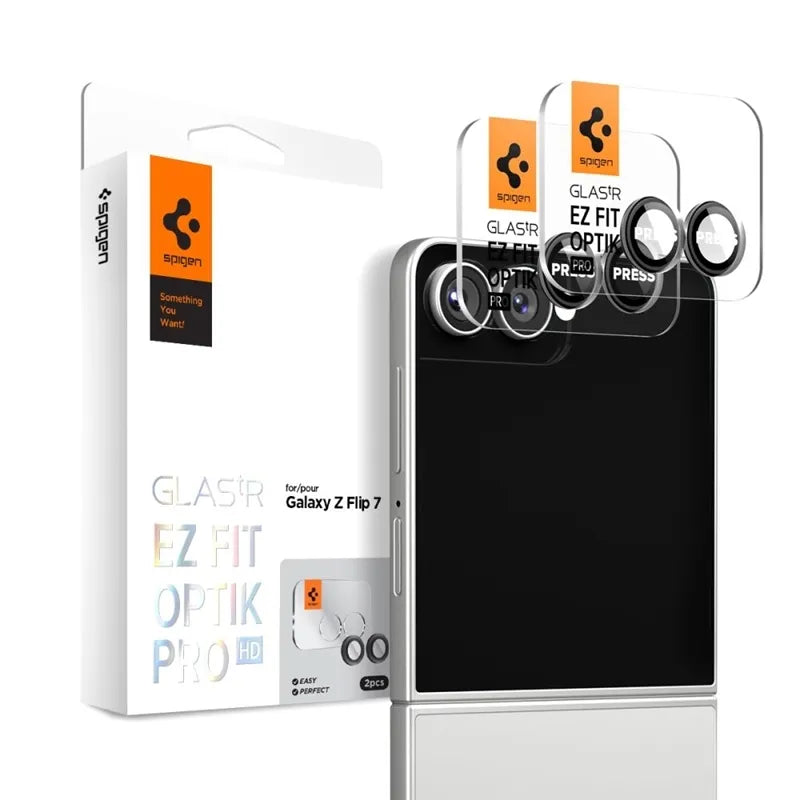 Spigen Optik Pro HD GLAS.TR EZ Fit fotoaparato apsauga, 2 vnt. – Objektyvo apsauga Samsung Galaxy Z Flip 7 (juoda)