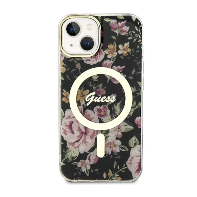 Guess Flower MagSafe – dėklas, skirtas iPhone 14 (juodas)