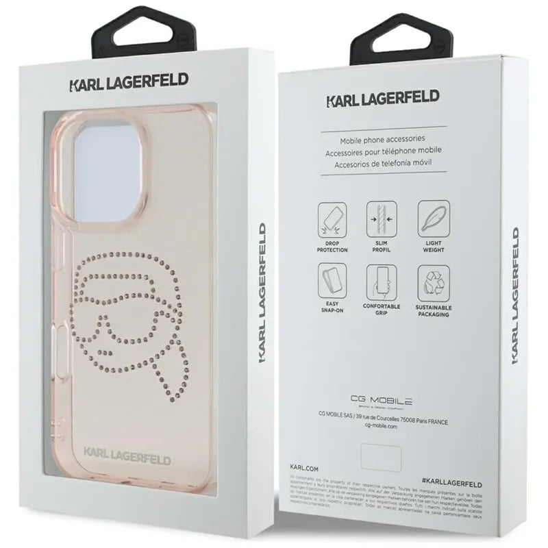 Karl Lagerfeld IML Rhinestones Karl Head – dėklas iPhone 16 Pro (rožinis)
