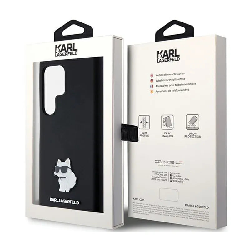 Karl Lagerfeld Silicone Choupette Metal Pin – dėklas Samsung Galaxy S24 Ultra (juodas)