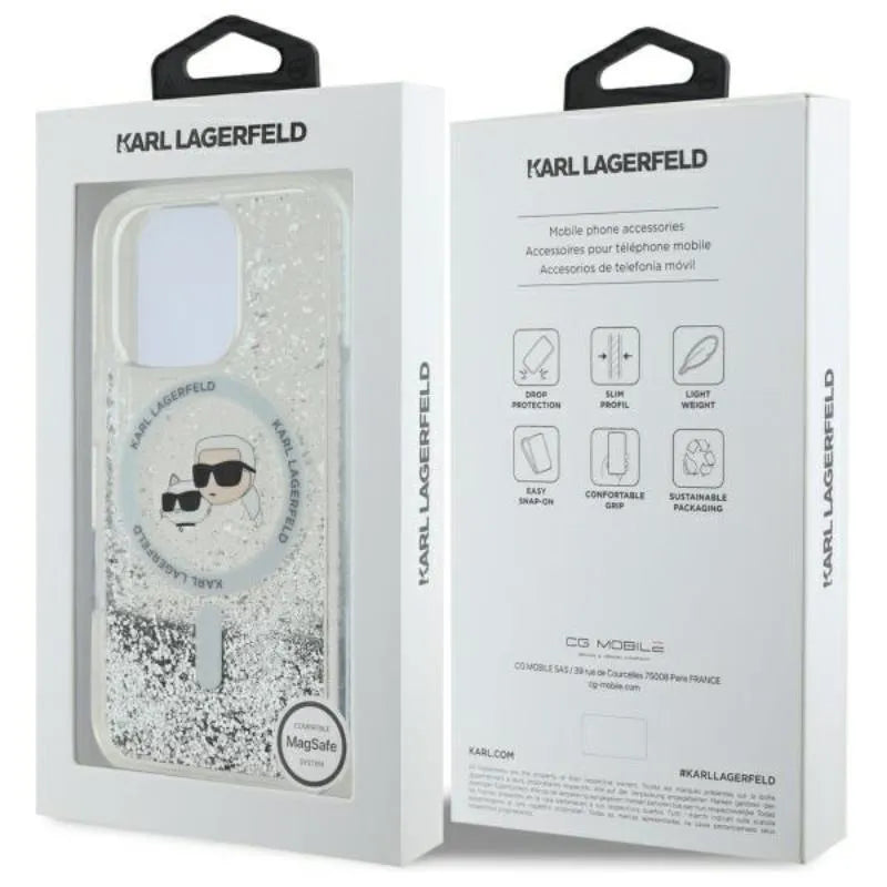 Karl Lagerfeld Liquid Glitter Karl & Choupette Head MagSafe – dėklas iPhone 16 Pro (skaidrus)