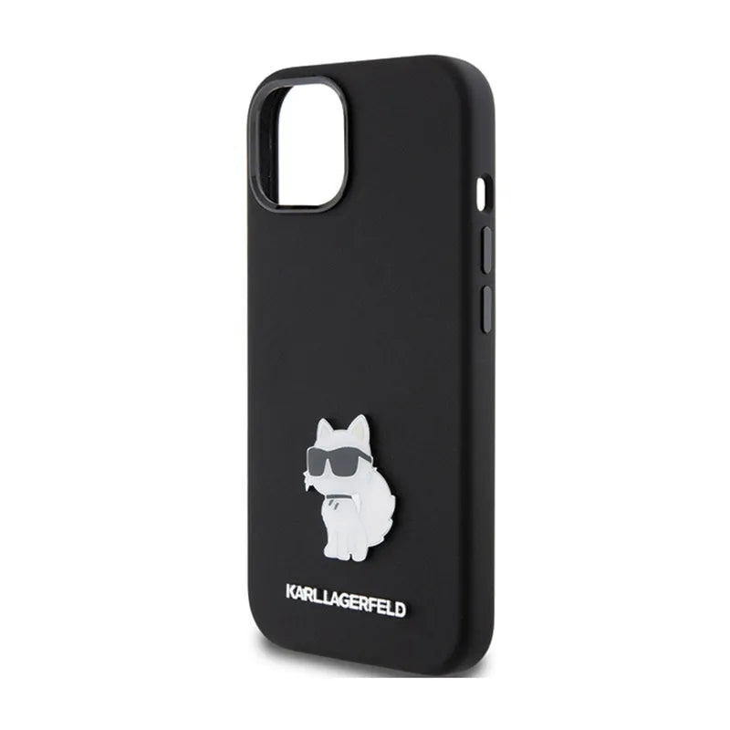 Karl Lagerfeld Silicone Choupette Metal Pin dėklas, skirtas iPhone 15 Plus (juodas)