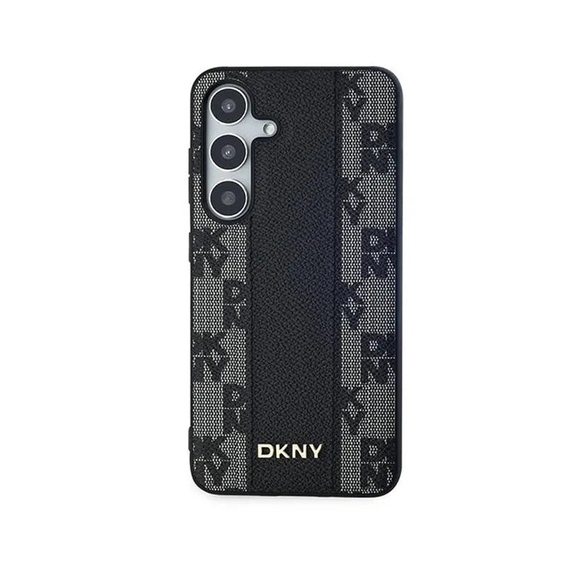 DKNY Leather Checkered Mono Pattern MagSafe - dėklas Samsung Galaxy S24+ telefonui (juodas)