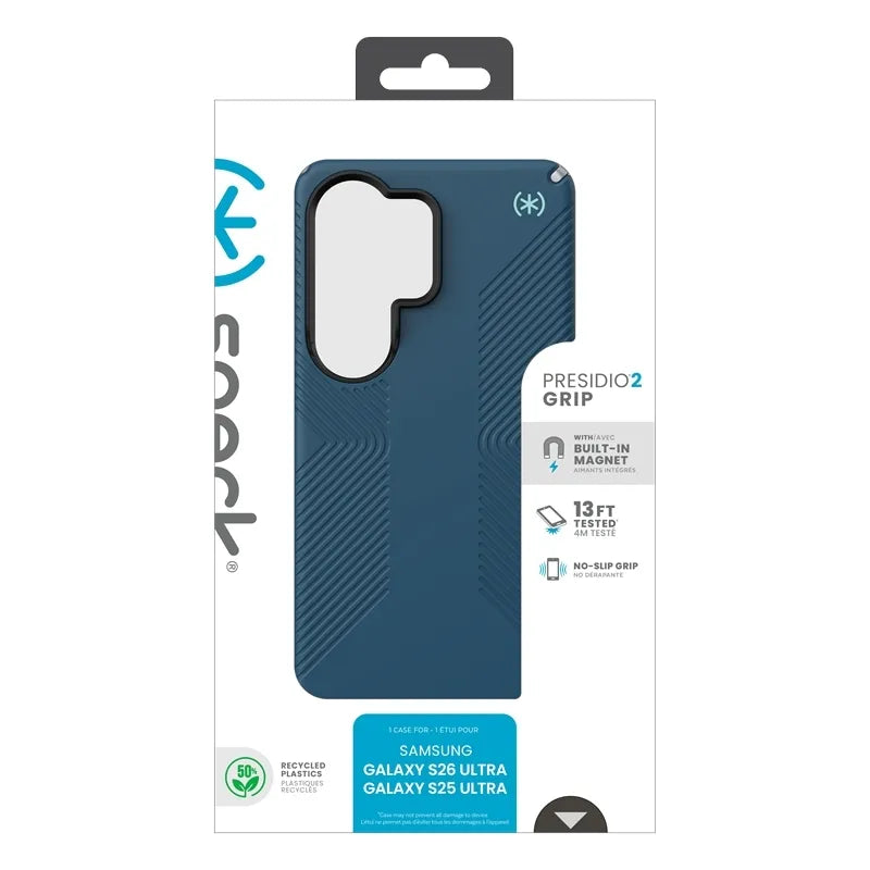 Speck Presidio2 Grip Magnet – MagSafe dėklas Samsung Galaxy S26 Ultra (tamsiai mėlynas / sidabrinis metalikas / mėlynas)