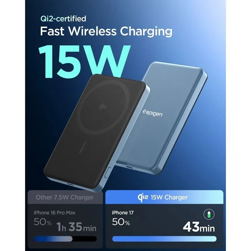 Spigen EA2205MQ Essential – Išorinis akumuliatorius MagSafe 5000 mAh 22,5W Qi2 (Melsvai žalia)