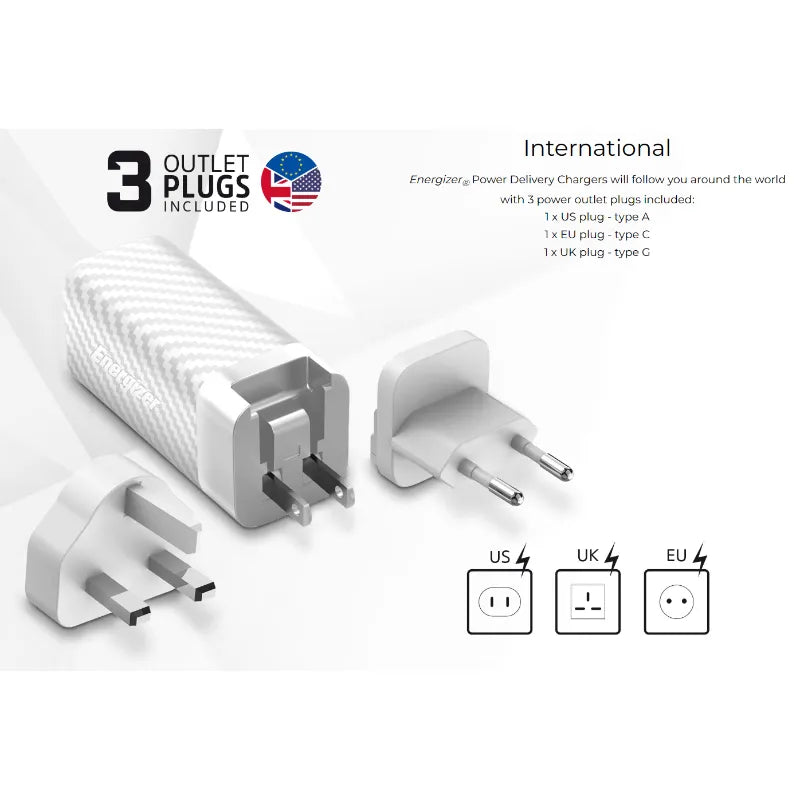 Energizer Ultimate – GaN USB-C ir USB-A 65W PD sieninis įkroviklis su EU/UK/US kištukų adapteriais + USB-C kabelis (juodas)