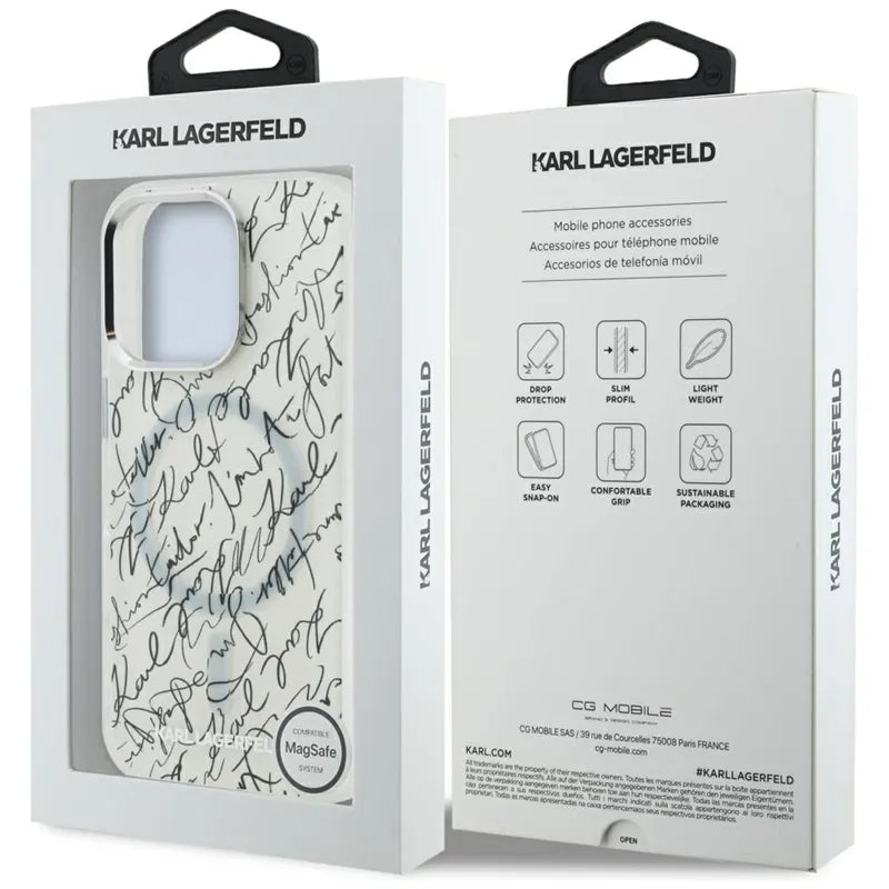 Karl Lagerfeld IML Karl Script Pattern MagSafe – dėklas iPhone 16 Pro Max (baltas)