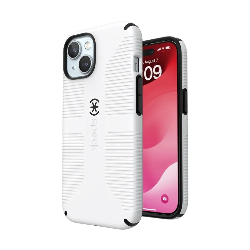 Speck Candyshell Grip MagSafe – dėklas, skirtas iPhone 17e / 16e / 15 / 14 / 13 (baltas / juodas)