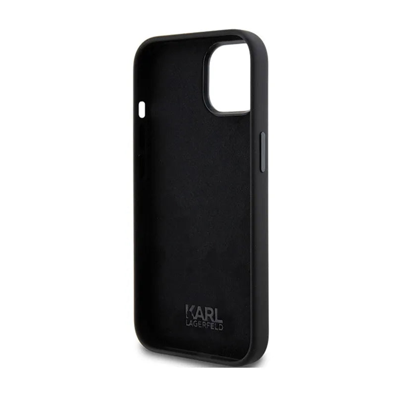 Karl Lagerfeld Silicone Choupette Metal Pin dėklas, skirtas iPhone 15 Plus (juodas)