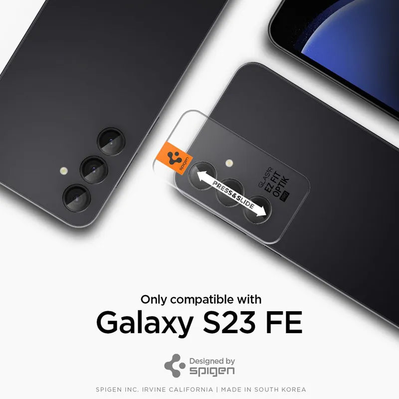 Spigen Optik Pro GLAS.TR EZ Fit kameros apsauga 2 vnt. pakuotė - Objektyvo apsauginis stiklas Samsung Galaxy S23 FE (2 vnt.) (Juodas)